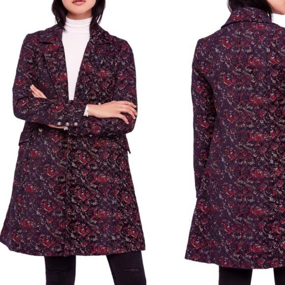 *RARE* FREE PEOPLE NWT Long Red & Purple Floral Jacket Coat Trench — Medium - Picture 3 of 14